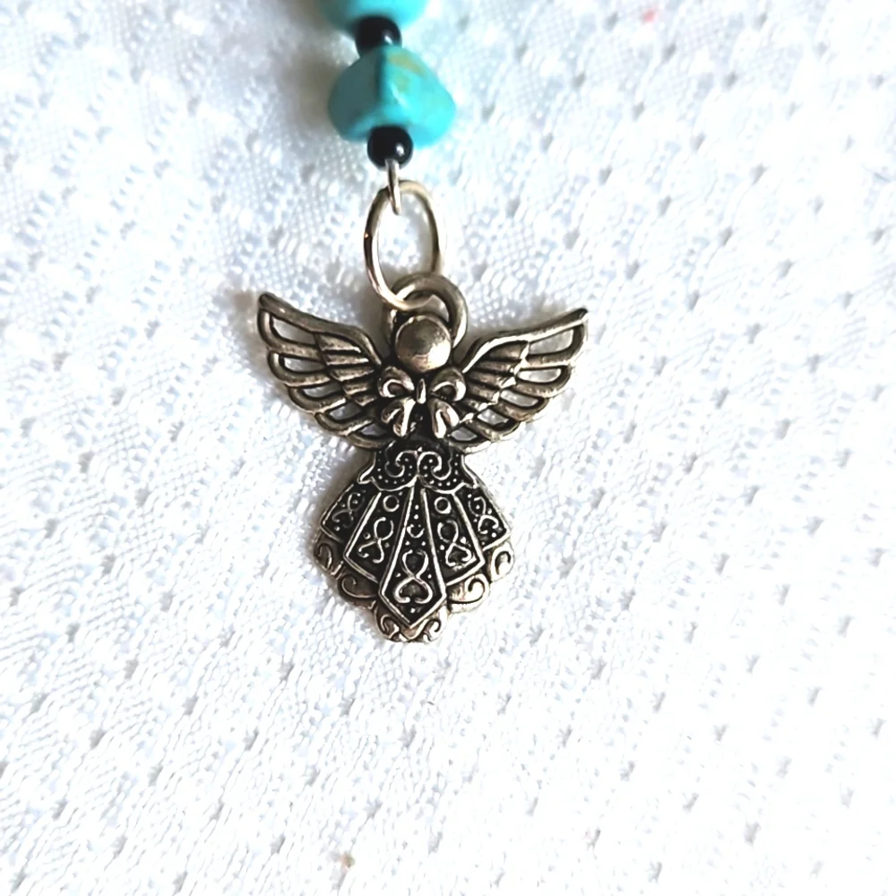 Guardian Silver Angel Charm Turquoise Cross Stone Black Beaded Keychain, Keyring